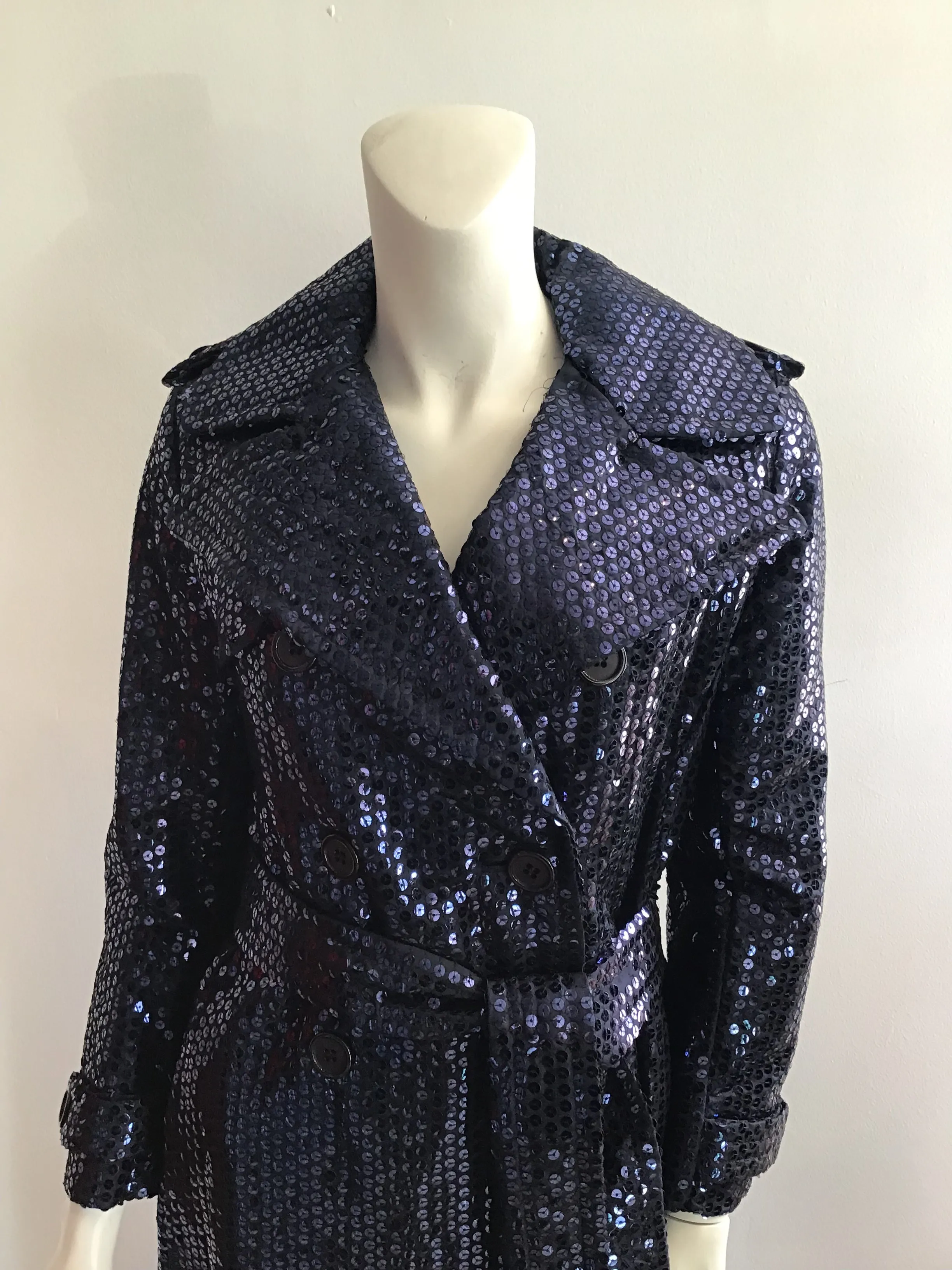 1970's Bill Blass Bond Street Full length Dark Blue Sequinned Evening Coat
