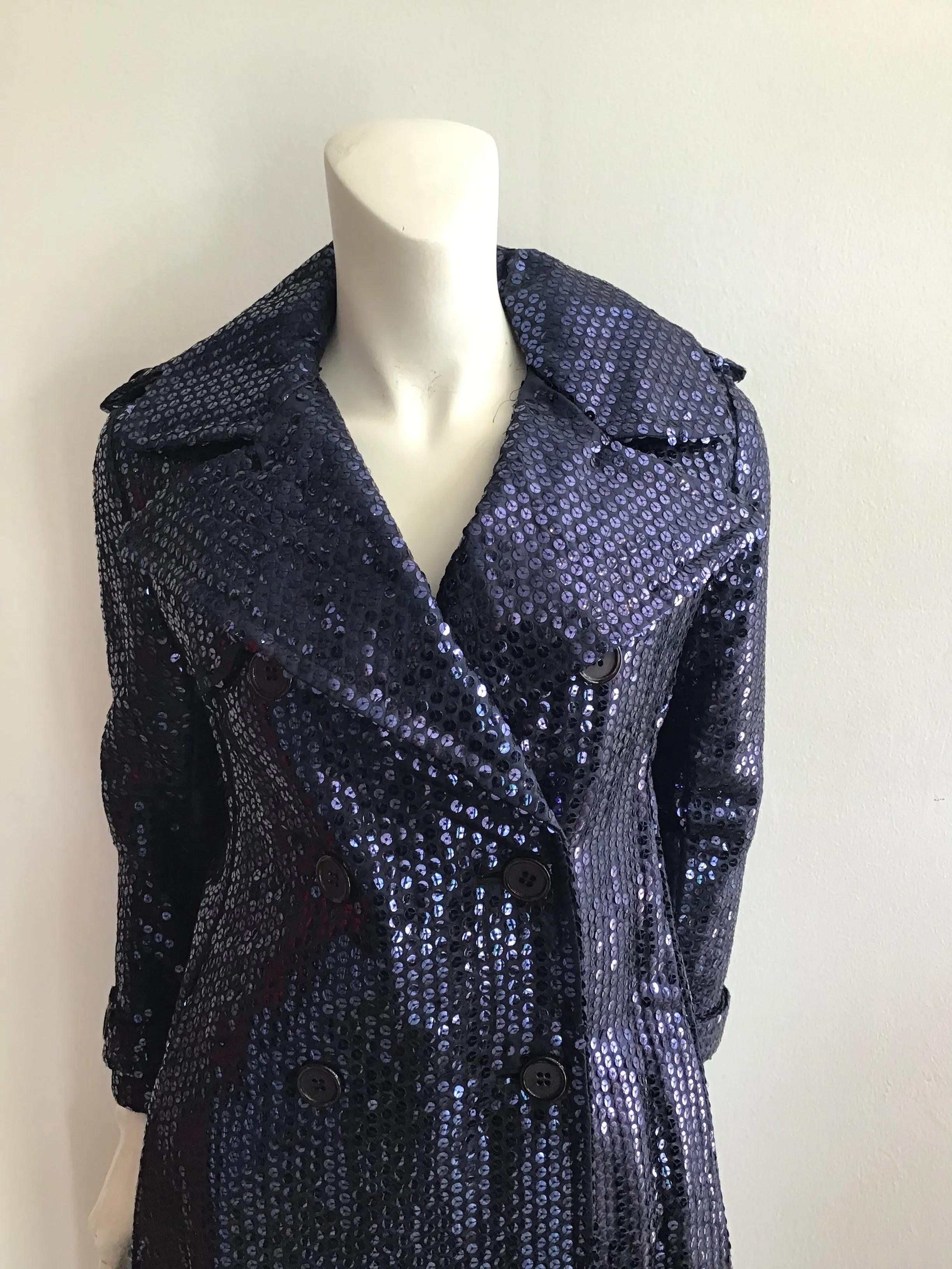 1970's Bill Blass Bond Street Full length Dark Blue Sequinned Evening Coat