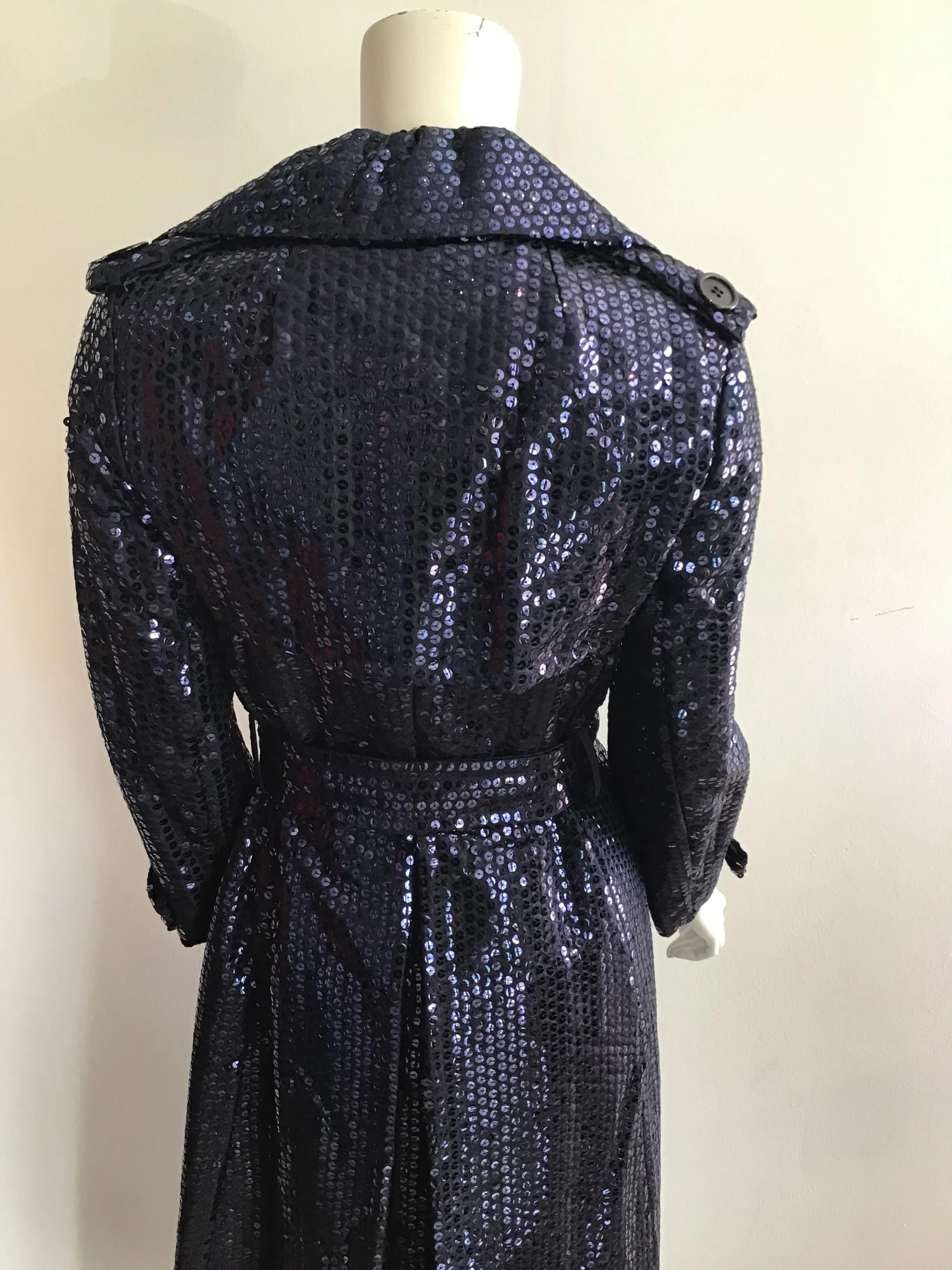 1970's Bill Blass Bond Street Full length Dark Blue Sequinned Evening Coat