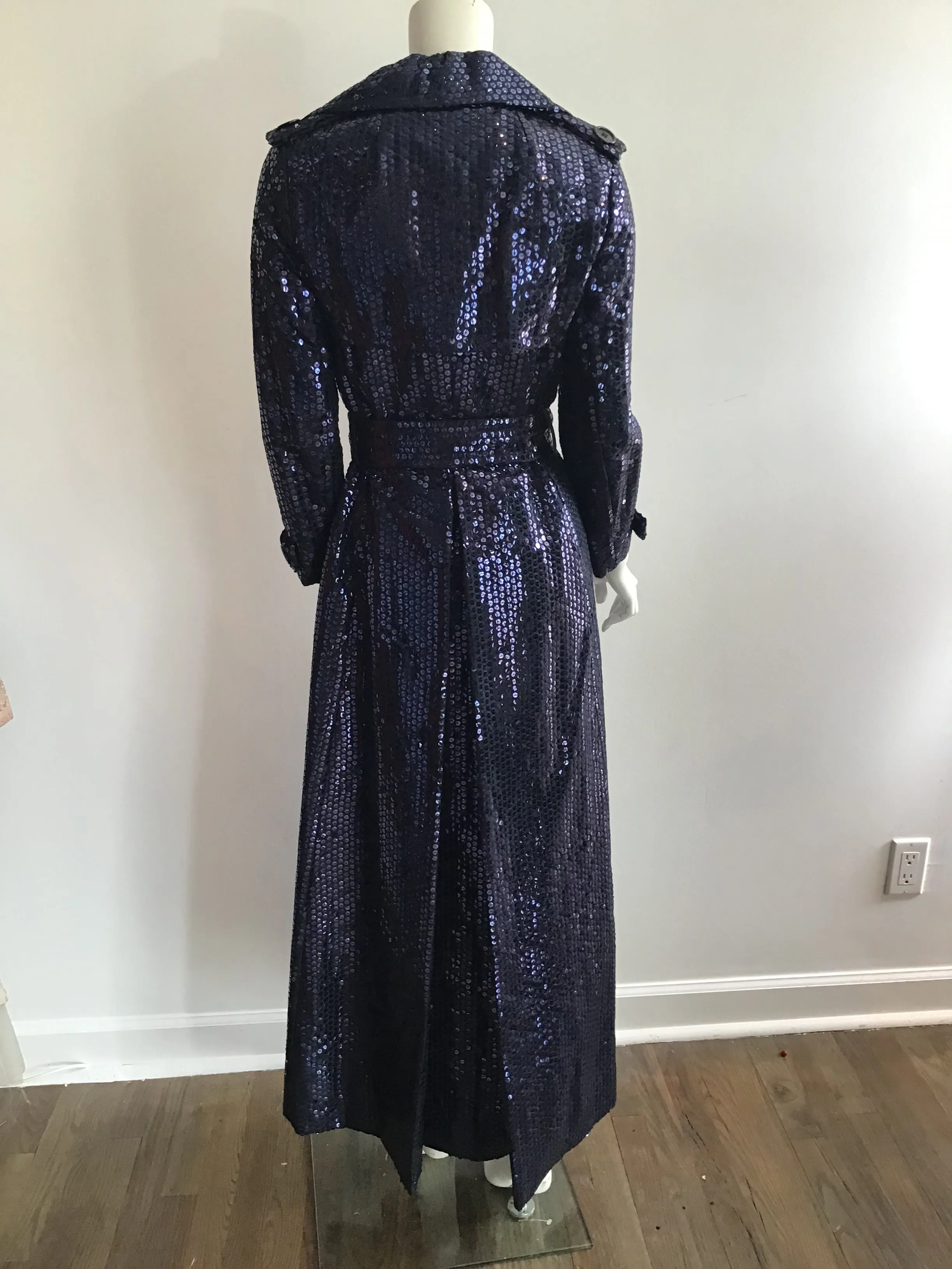 1970's Bill Blass Bond Street Full length Dark Blue Sequinned Evening Coat