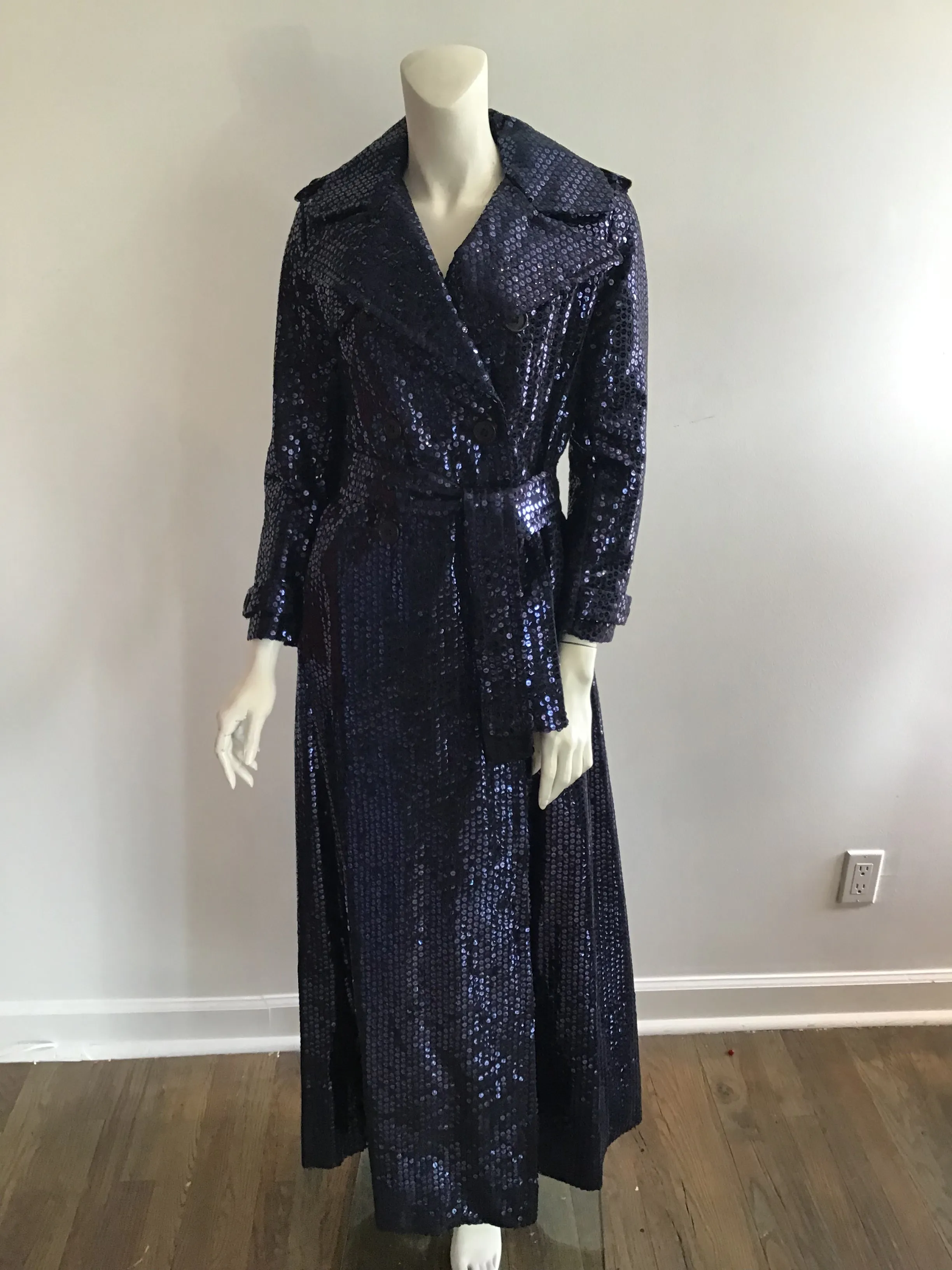 1970's Bill Blass Bond Street Full length Dark Blue Sequinned Evening Coat