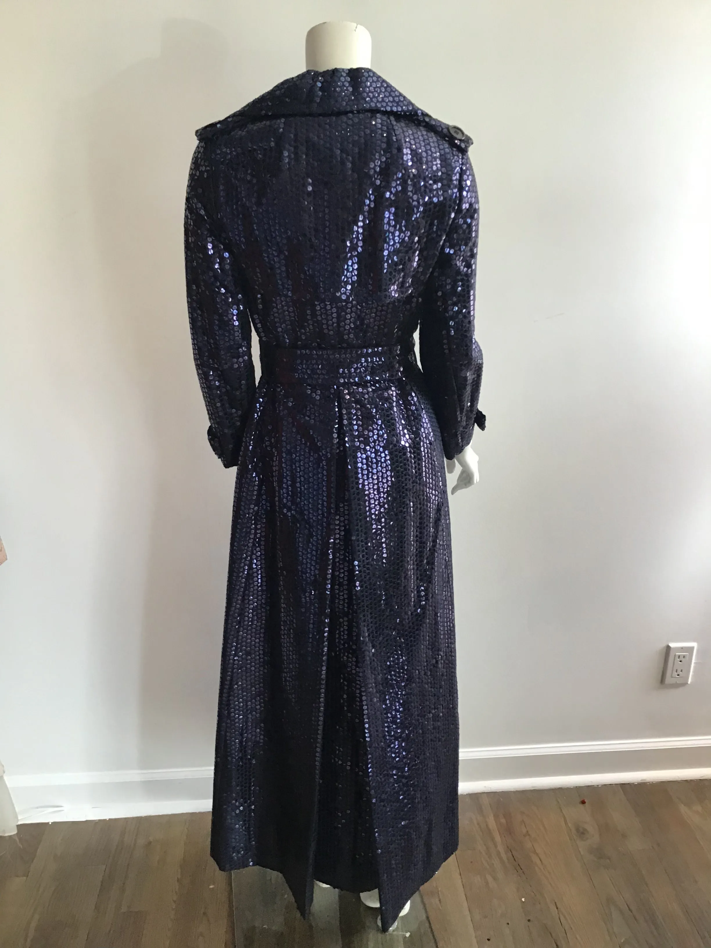 1970's Bill Blass Bond Street Full length Dark Blue Sequinned Evening Coat