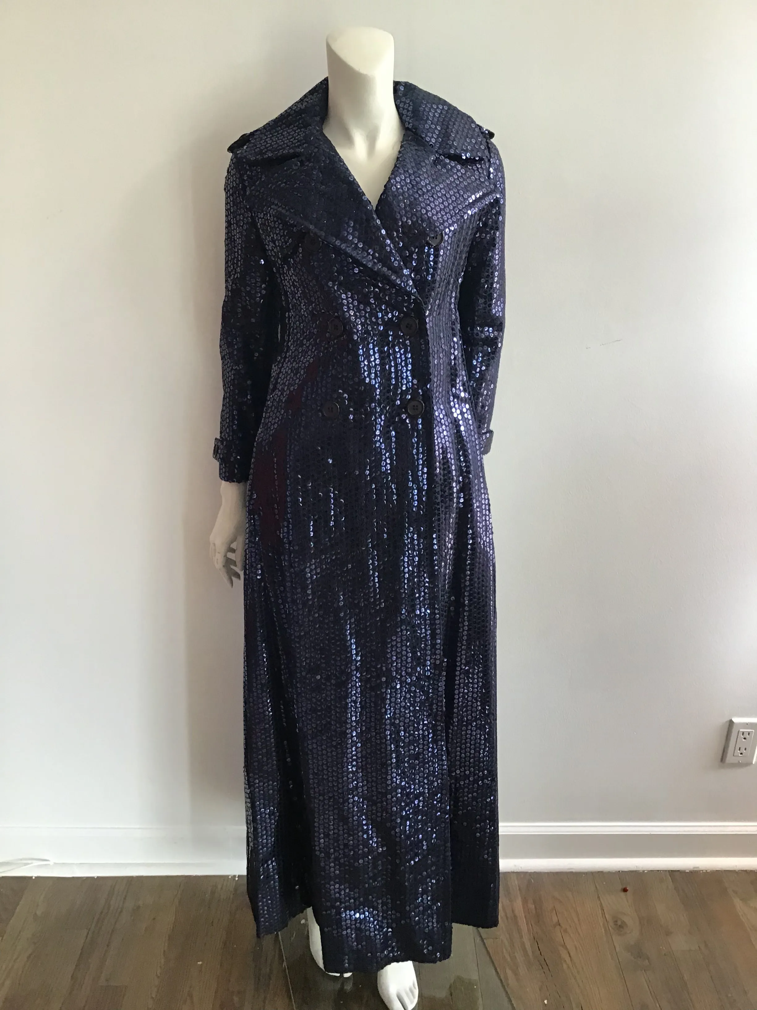1970's Bill Blass Bond Street Full length Dark Blue Sequinned Evening Coat