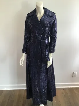1970's Bill Blass Bond Street Full length Dark Blue Sequinned Evening Coat