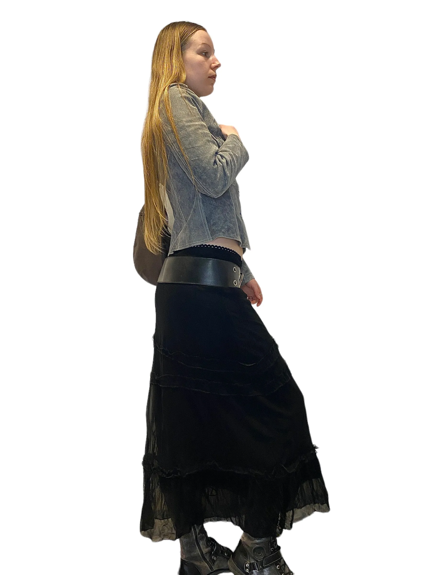 90s Vintage Mesh Ruffle Maxi Skirt (M)