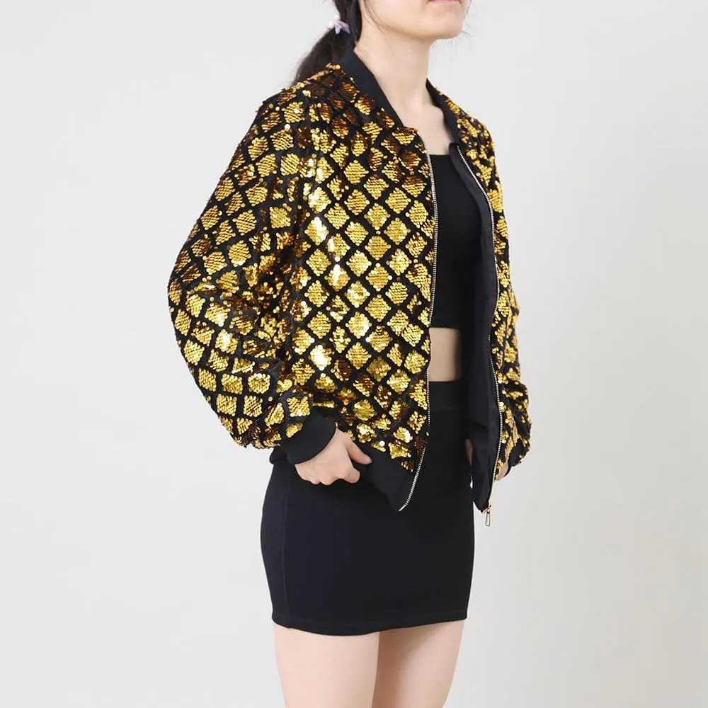 A ARFAR Women Sequin Jackets Plaid Collar Glitter Varsity Hoodie Sparkly Coat Party Outwear Ladies Shiny Cloth