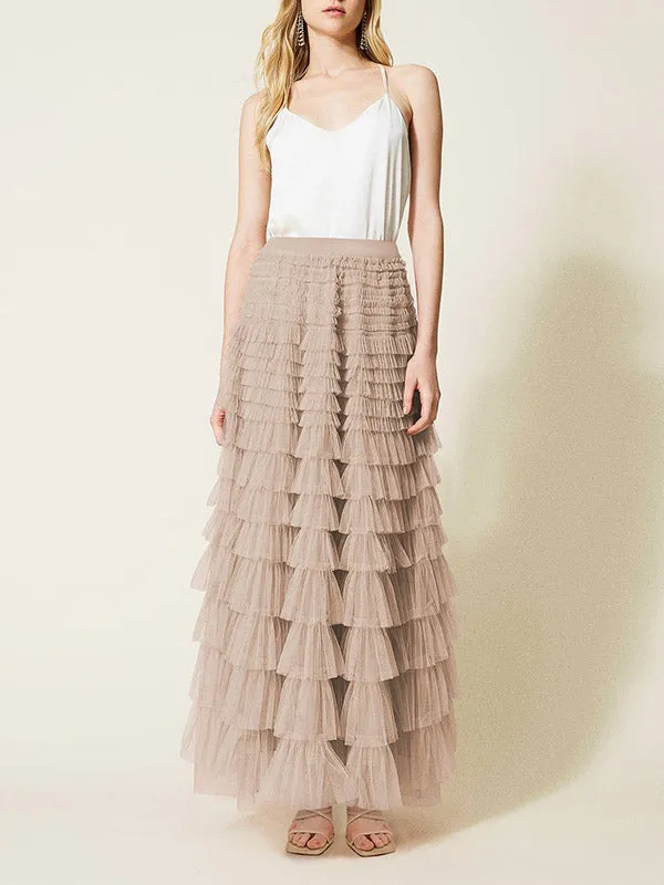 A-Line High Waisted Solid Color Tulle Skirts