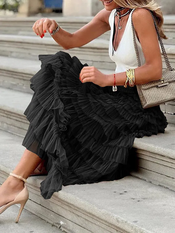A-Line High Waisted Solid Color Tulle Skirts