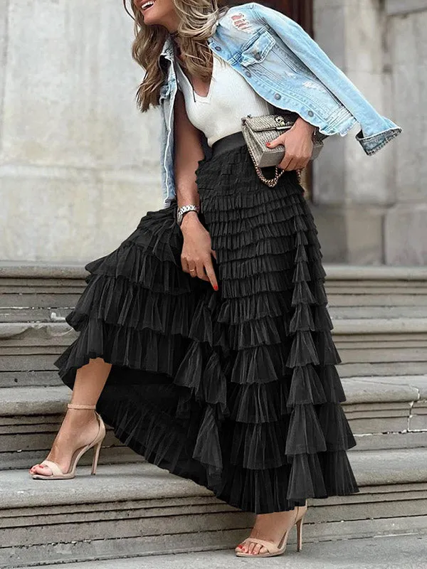 A-Line High Waisted Solid Color Tulle Skirts