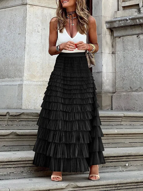 A-Line High Waisted Solid Color Tulle Skirts