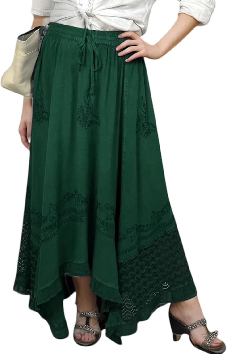 Agan Traders 2025 Spring Women's Flowy Handkerchief Hemline Midi Maxi Skirts for Women - Gypsy Embroidered Ruffle Long Skirts
