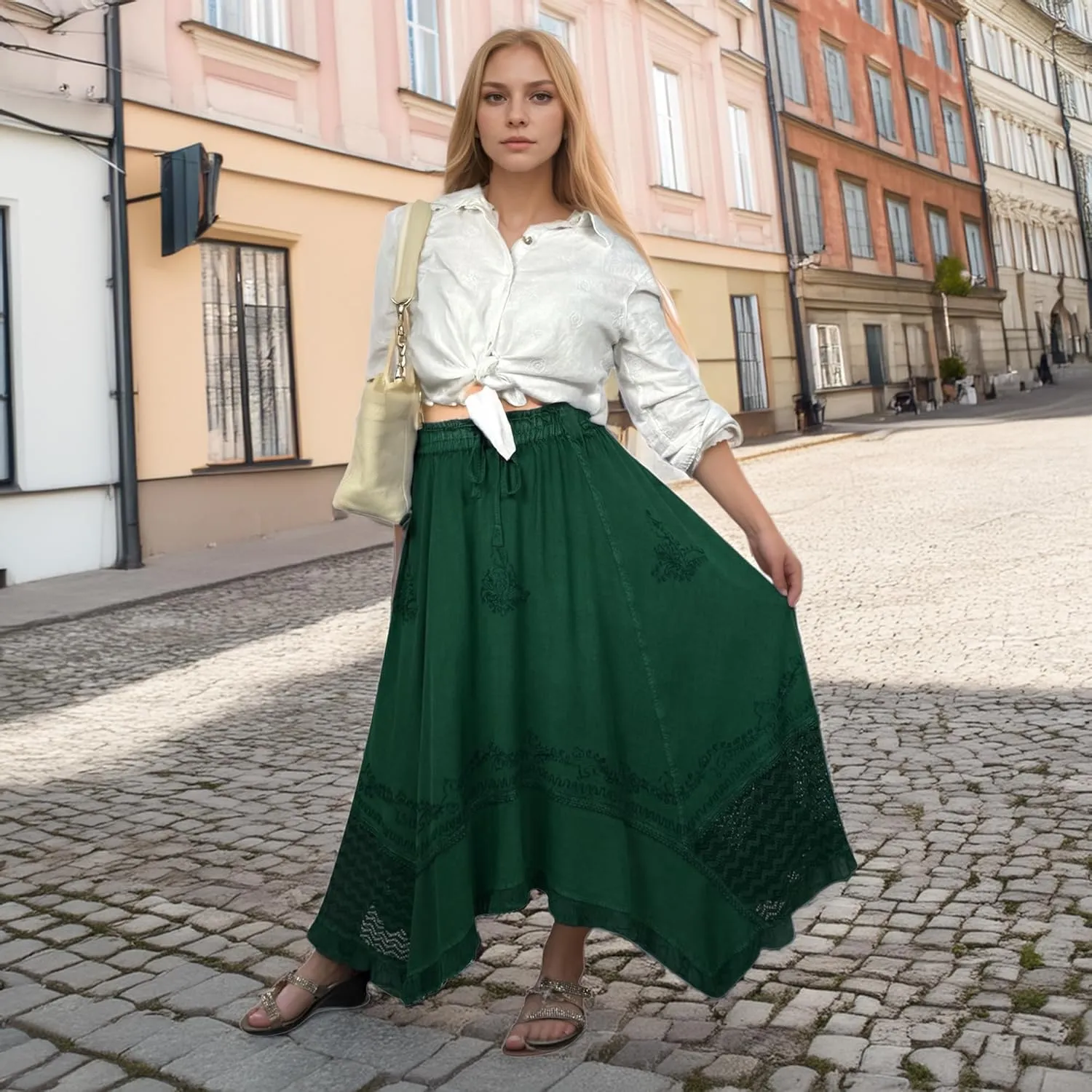 Agan Traders 2025 Spring Women's Flowy Handkerchief Hemline Midi Maxi Skirts for Women - Gypsy Embroidered Ruffle Long Skirts