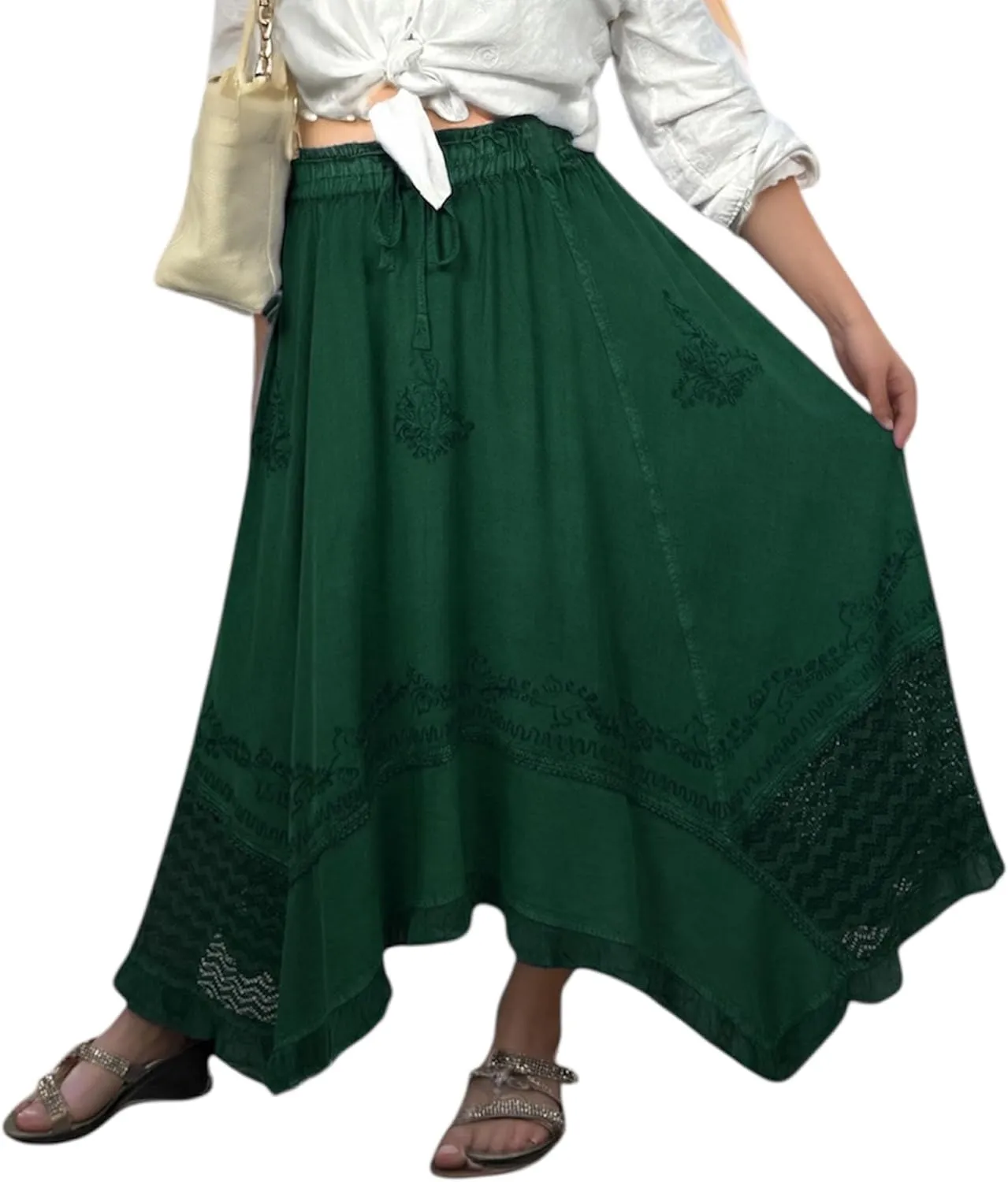 Agan Traders 2025 Spring Women's Flowy Handkerchief Hemline Midi Maxi Skirts for Women - Gypsy Embroidered Ruffle Long Skirts