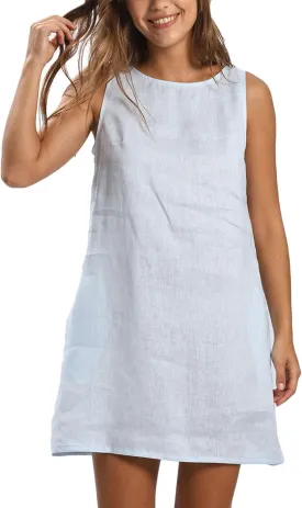 Amazhiyu Women's 100% Linen Summer Casual Sleeveless Crewneck Tank Mini Dresses