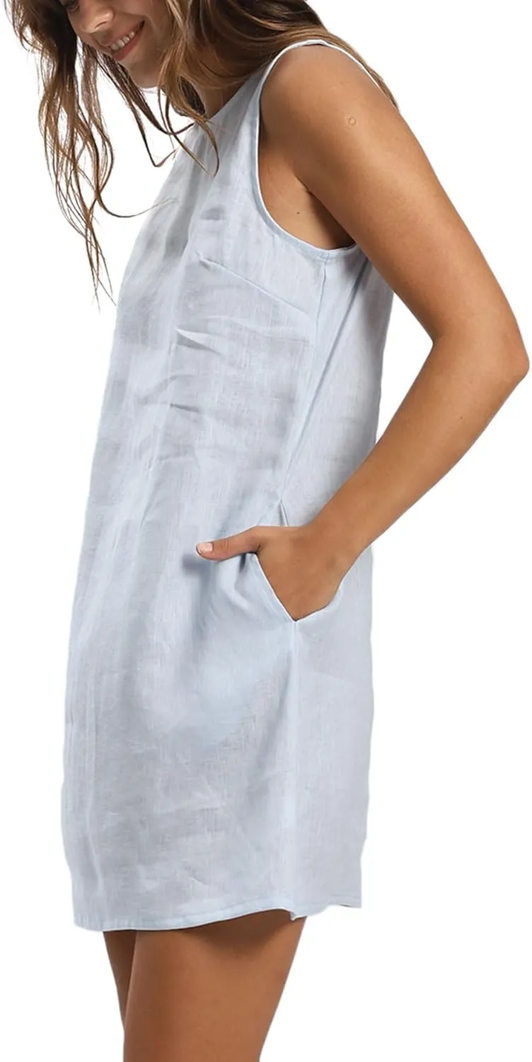 Amazhiyu Women's 100% Linen Summer Casual Sleeveless Crewneck Tank Mini Dresses