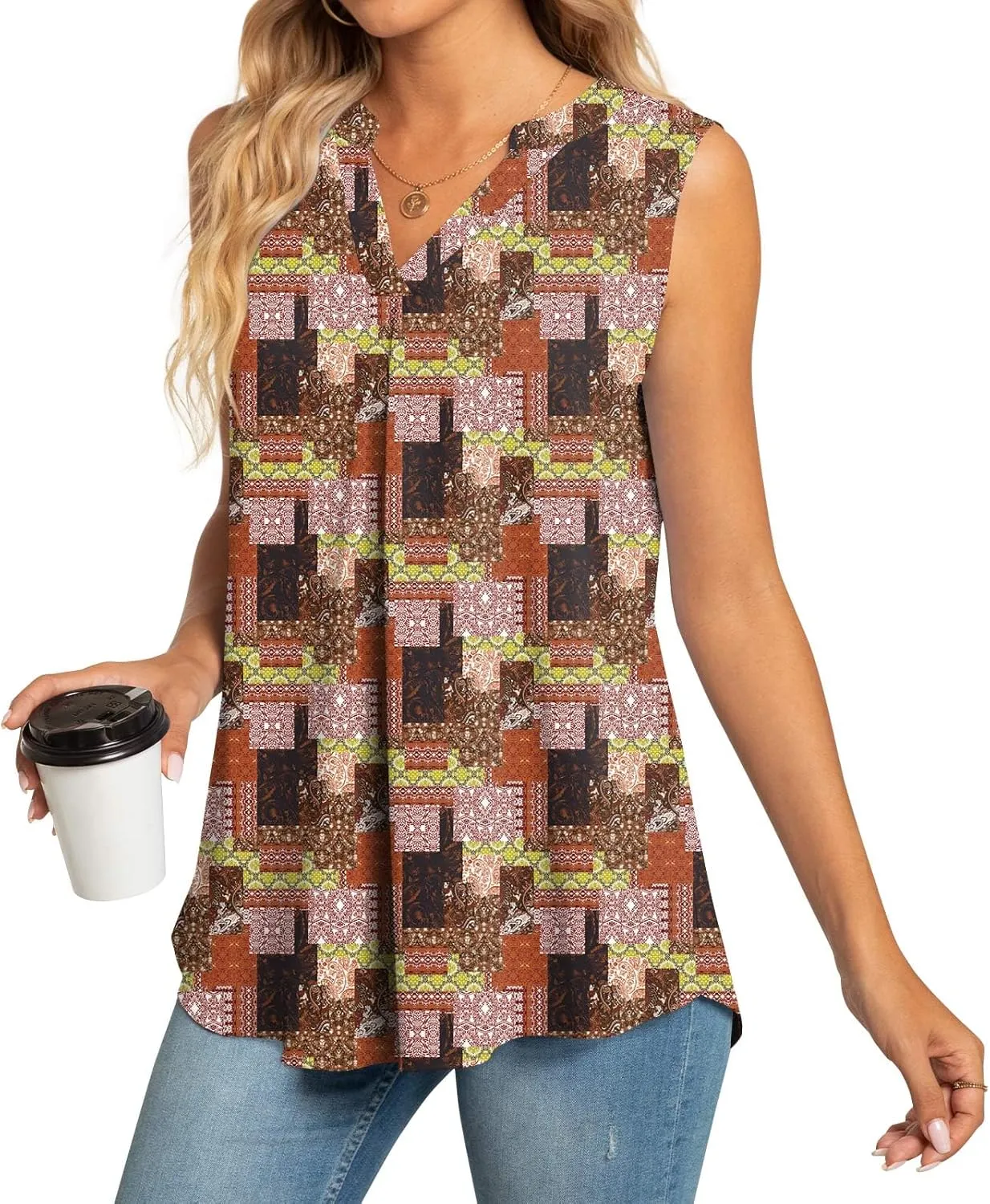 Anyhold Women's Chiffon Tank Tops Sleeveless V Neck Blouse Dressy Casual Tops Office Work Shirts