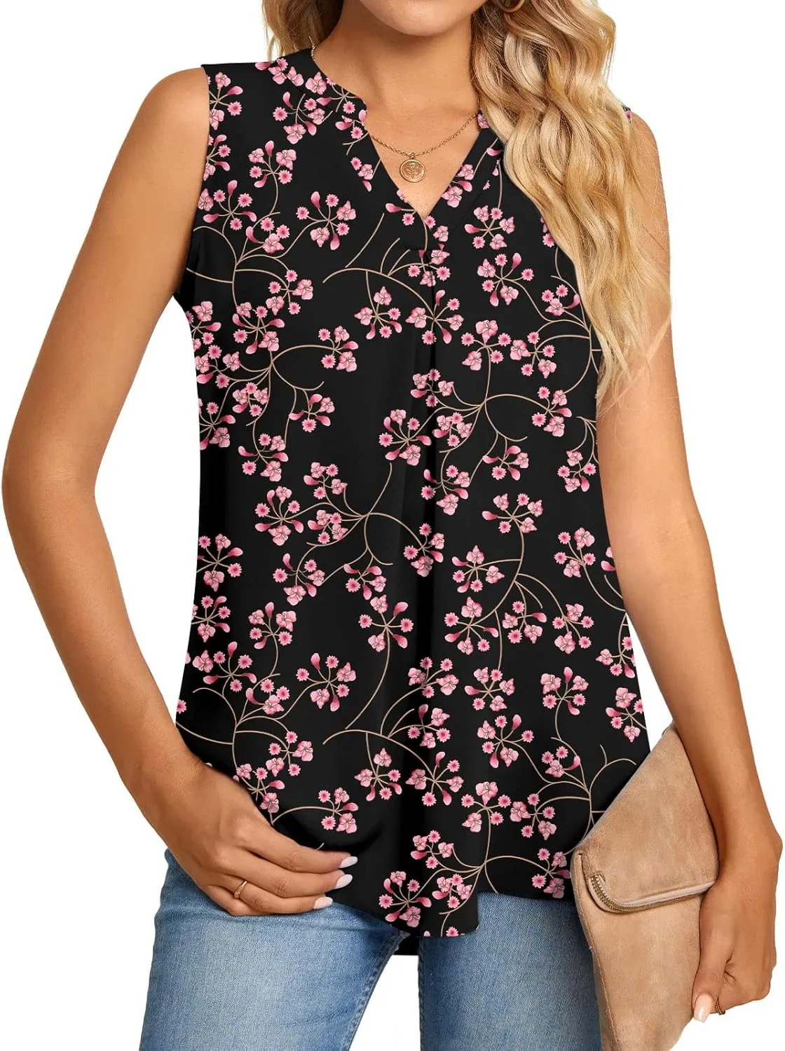 Anyhold Women's Chiffon Tank Tops Sleeveless V Neck Blouse Dressy Casual Tops Office Work Shirts