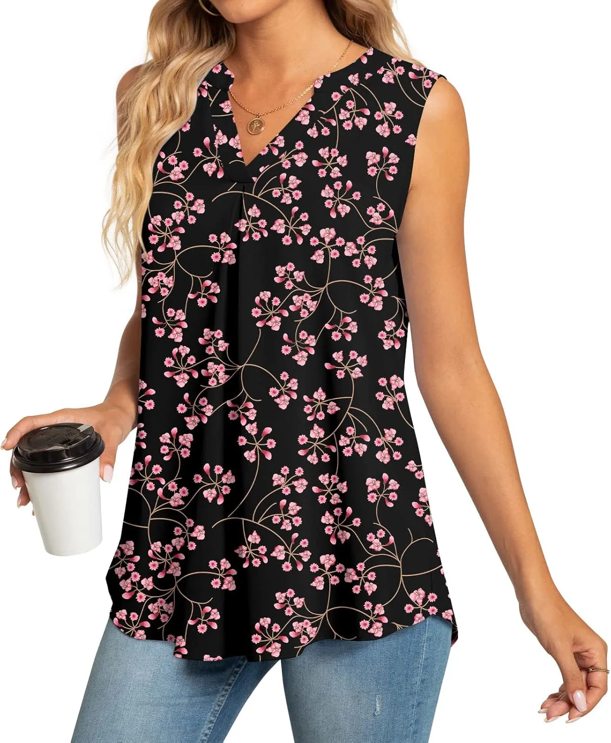 Anyhold Women's Chiffon Tank Tops Sleeveless V Neck Blouse Dressy Casual Tops Office Work Shirts