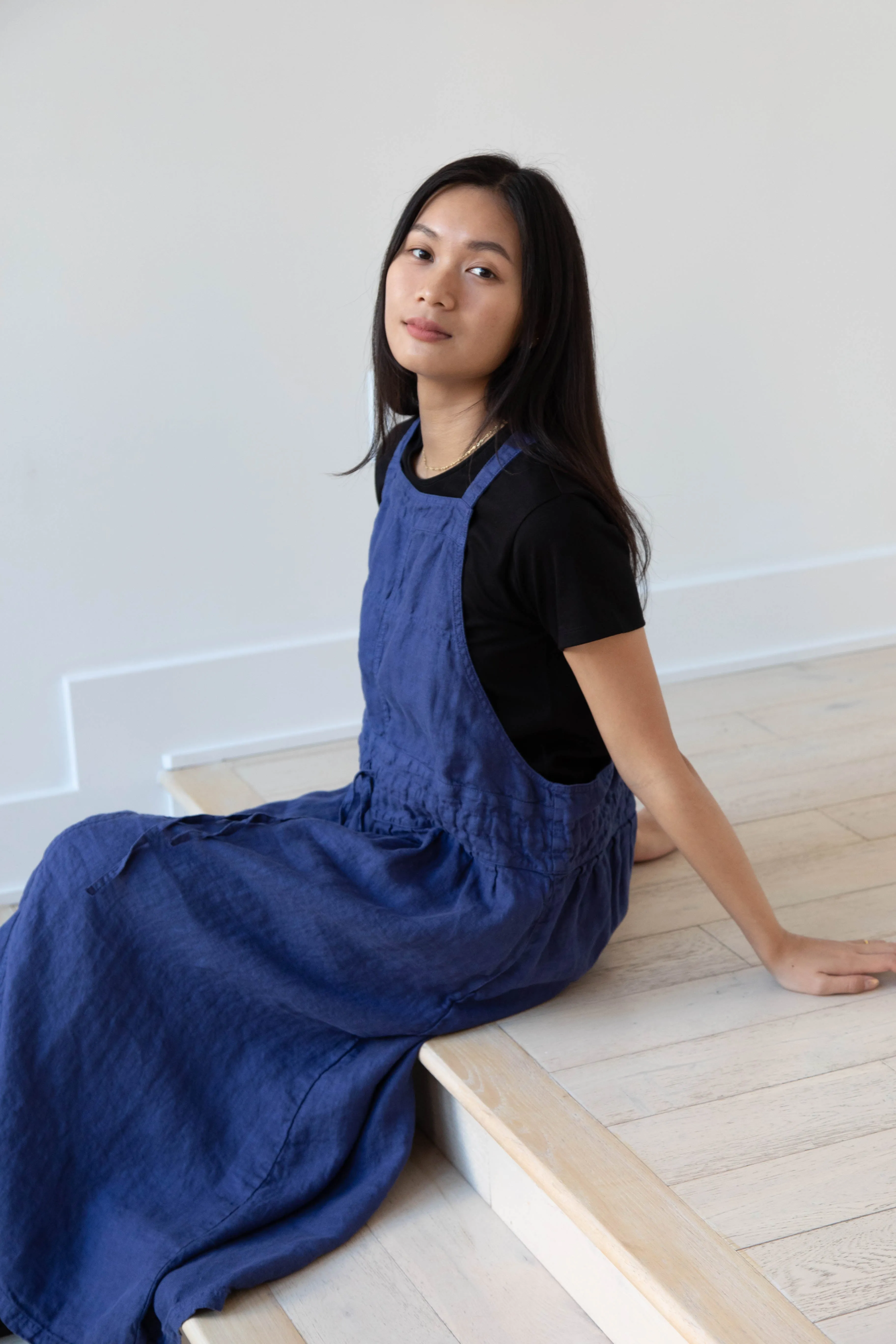 Armen | Linen Apron Dress in Blue