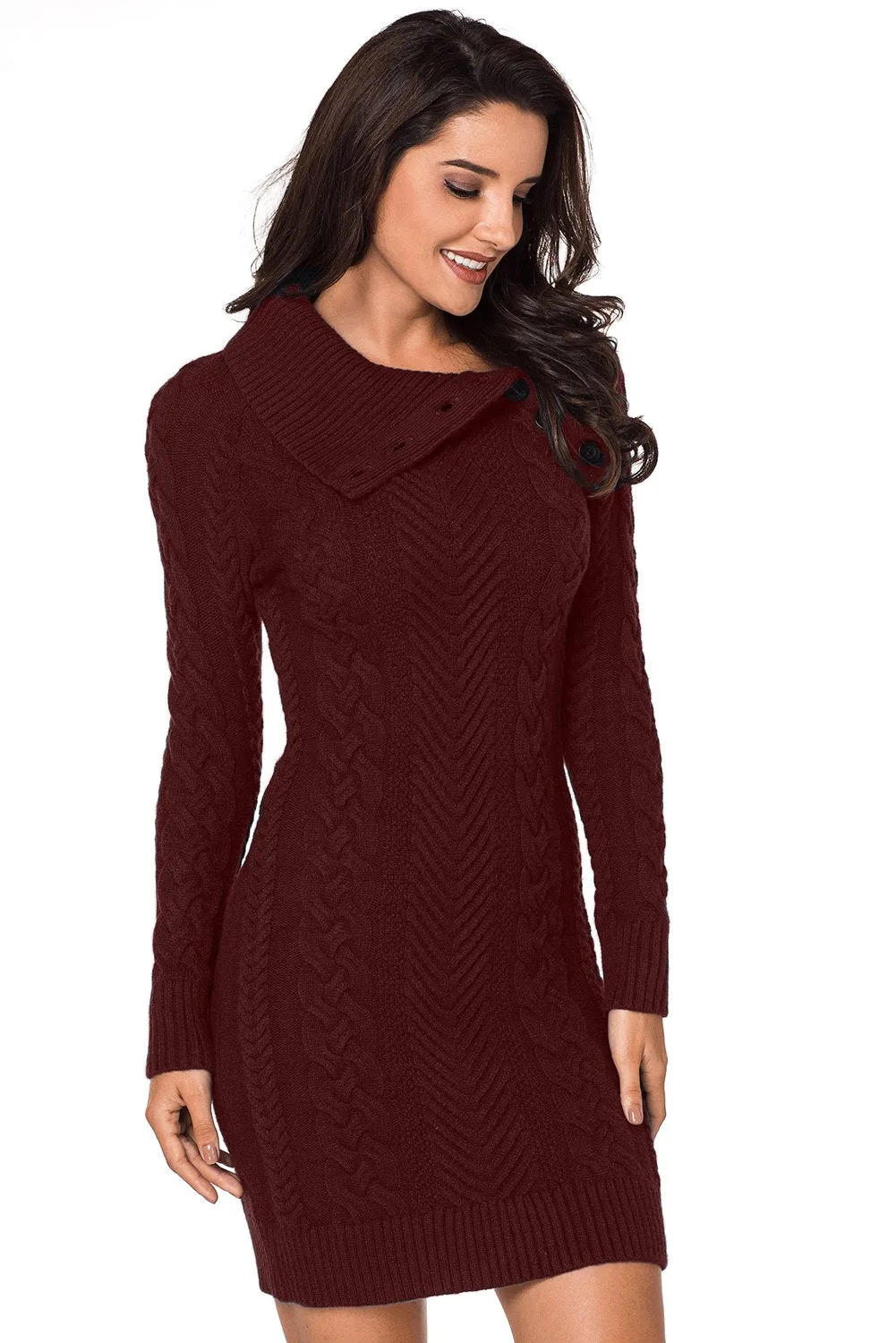 Asymmetric Buttoned Collar Burgundy Bodycon Sweater Dress