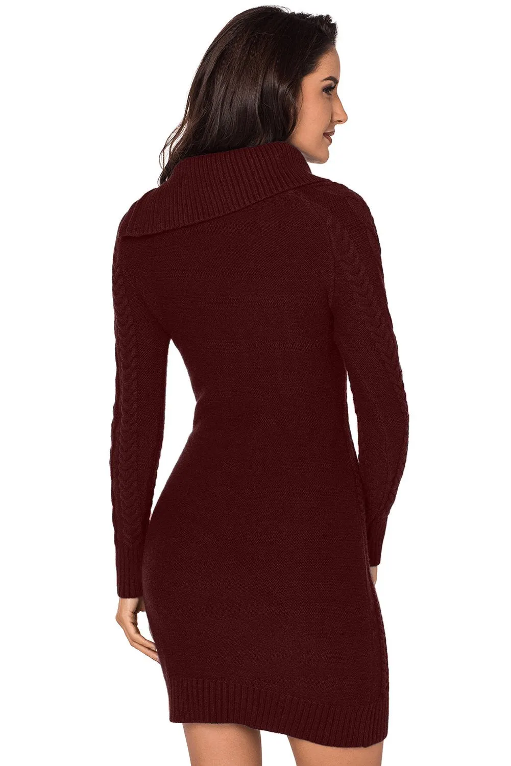 Asymmetric Buttoned Collar Burgundy Bodycon Sweater Dress