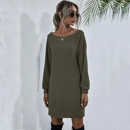 Autumn Knitted Dress Women Off Shoulder Sweater Dress Ladies