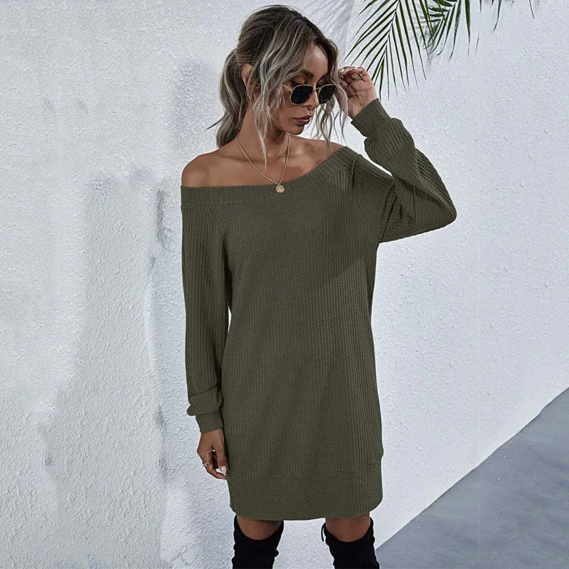 Autumn Knitted Dress Women Off Shoulder Sweater Dress Ladies