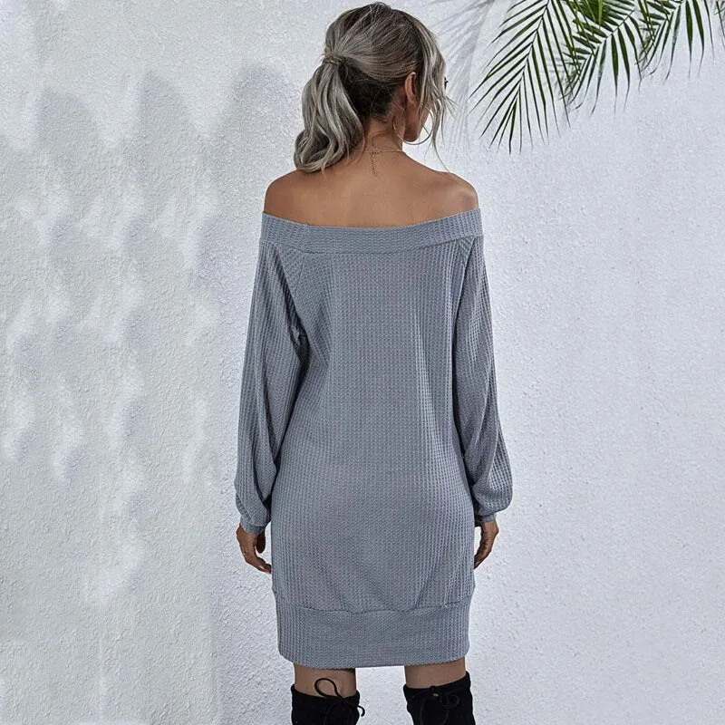 Autumn Knitted Dress Women Off Shoulder Sweater Dress Ladies