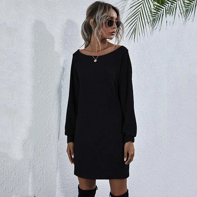 Autumn Knitted Dress Women Off Shoulder Sweater Dress Ladies