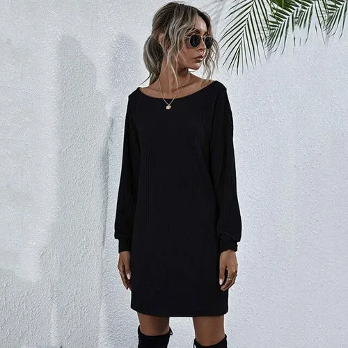 Autumn Knitted Dress Women Off Shoulder Sweater Dress Ladies