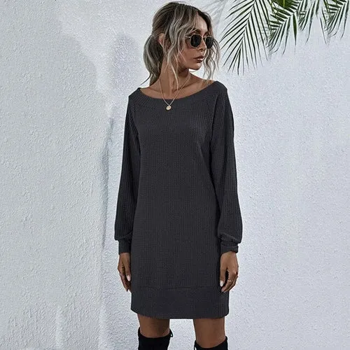 Autumn Knitted Dress Women Off Shoulder Sweater Dress Ladies