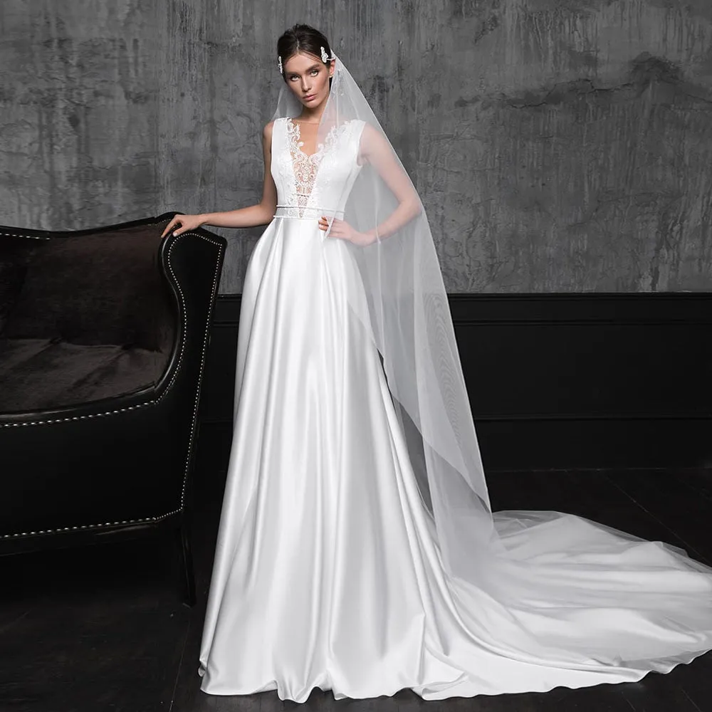 Beading Lace Satin Sheath Wedding Gowns