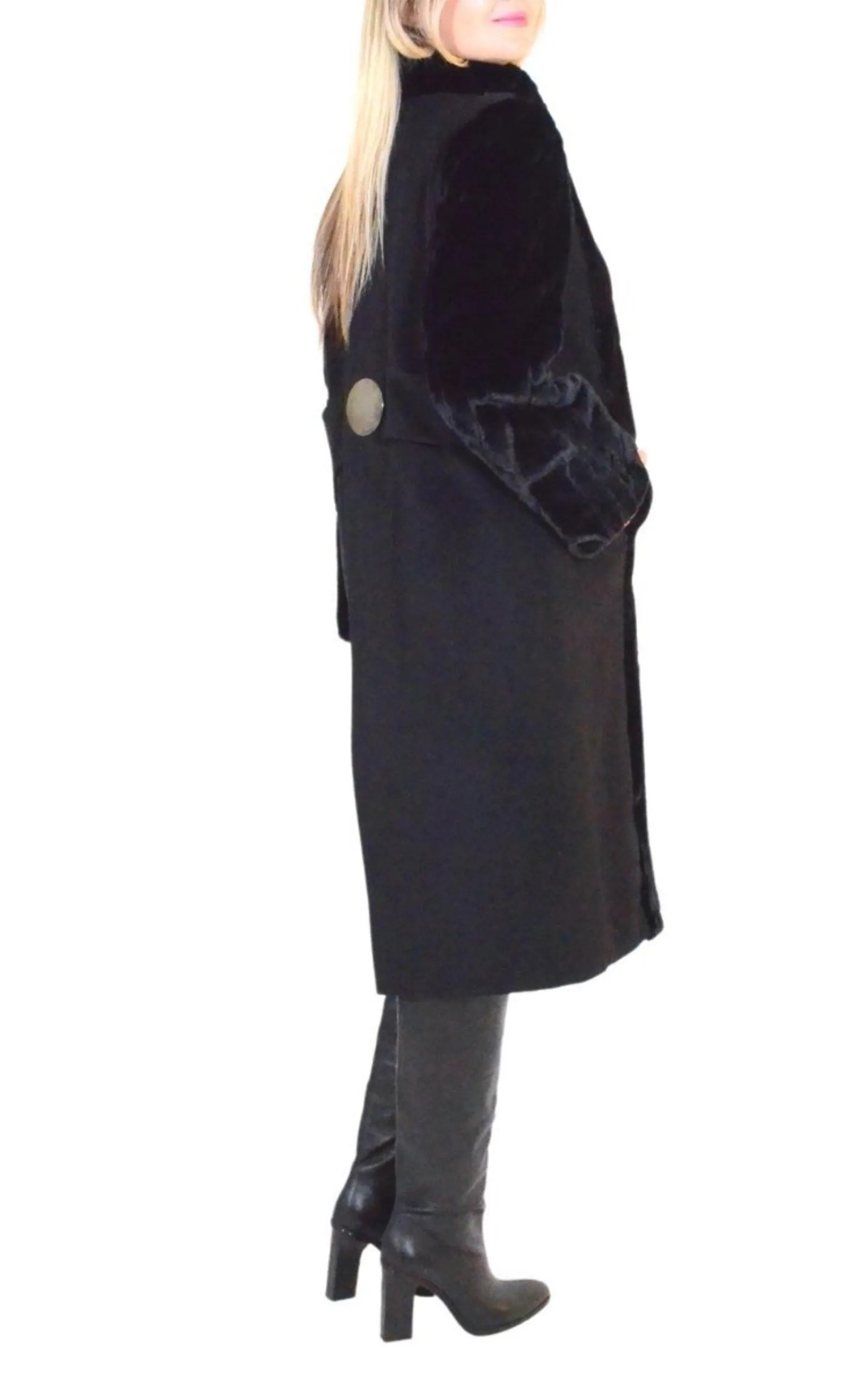 Black Faux Fur Details Long Trench Coat
