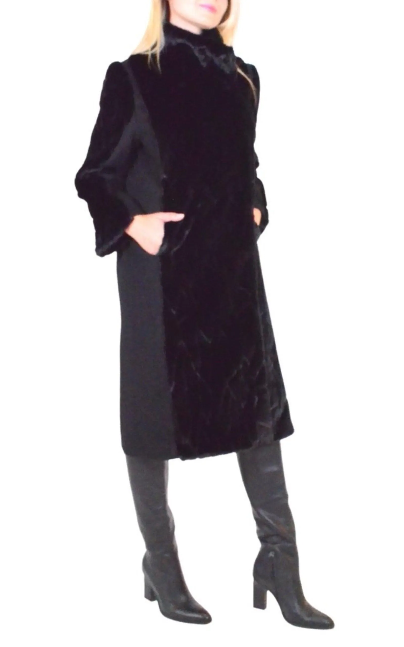 Black Faux Fur Details Long Trench Coat