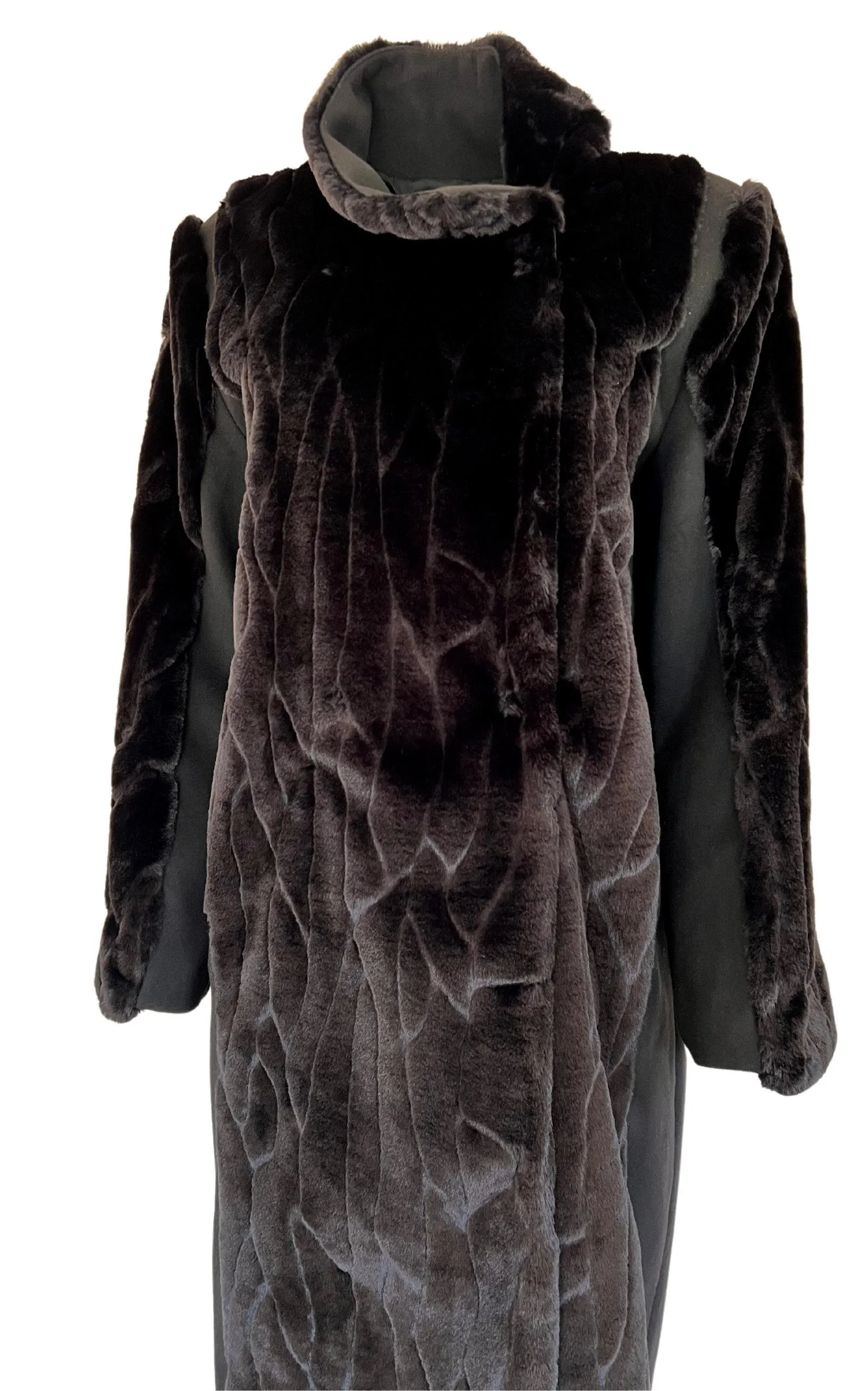Black Faux Fur Details Long Trench Coat