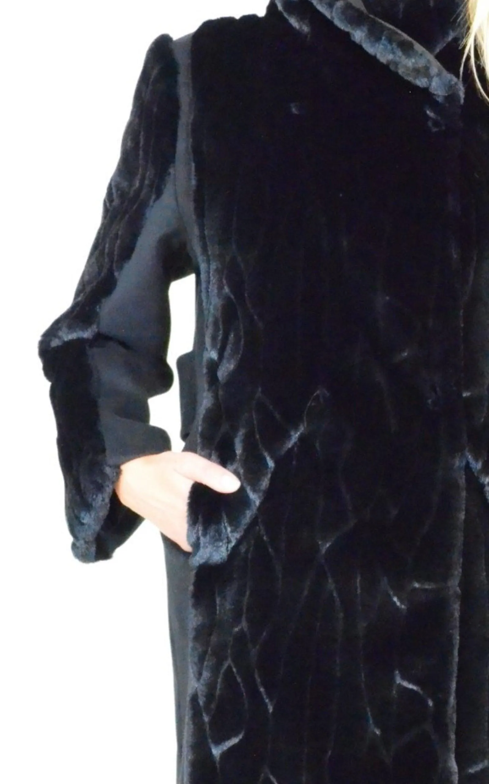 Black Faux Fur Details Long Trench Coat