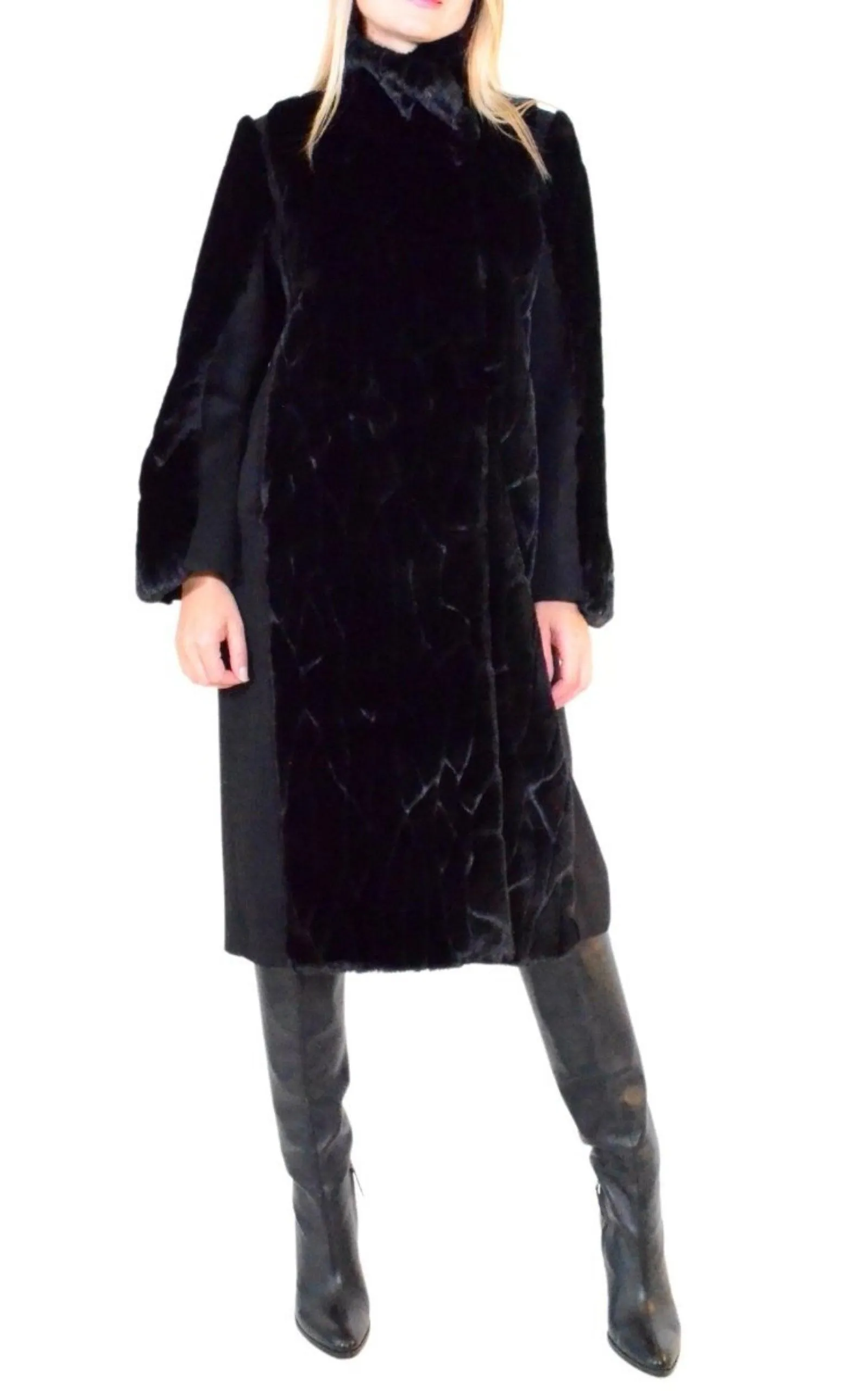 Black Faux Fur Details Long Trench Coat