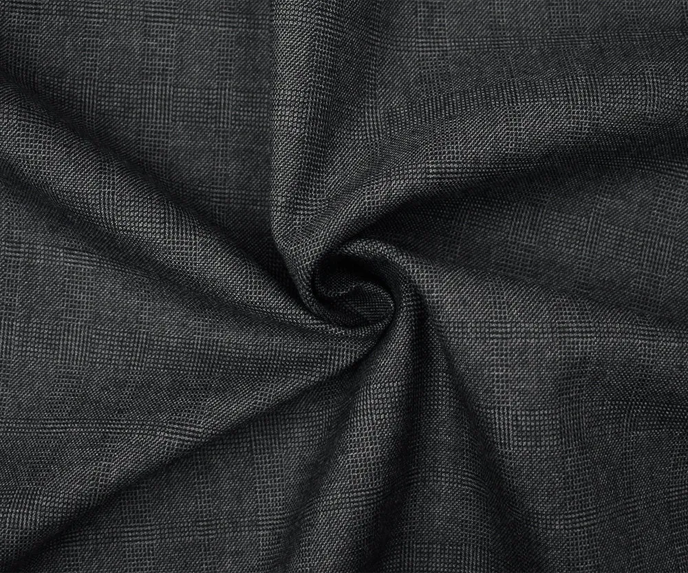Black-Gray Wool Polyester Check Plaid Dobby Suiting Fabric