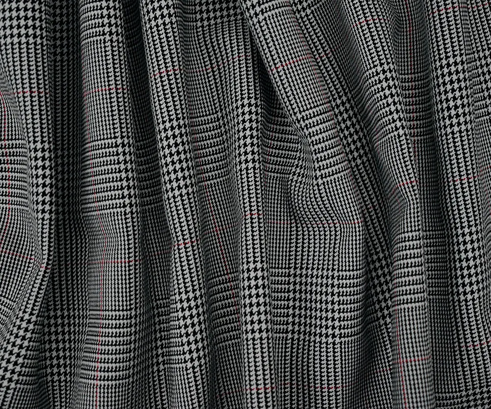 Black-Red-Light Gray Wool-Polyester Glen Plaid Check Woven Suiting Fabric