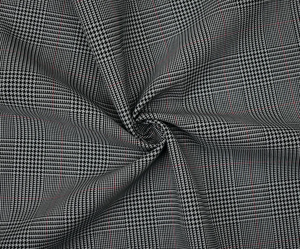 Black-Red-Light Gray Wool-Polyester Glen Plaid Check Woven Suiting Fabric