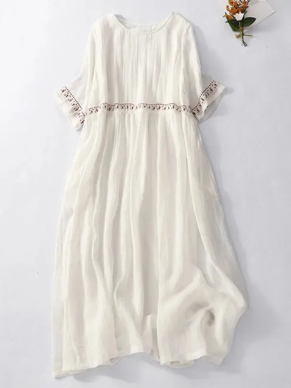 Blue Zone Planet |  Ivy's Literary Retro Embroidered Loose Maxi Dress with Large Hem