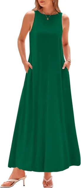 BTFBM 2025 Women Summer Vacation Dresses Sleeveless Crewneck Loose Beach Sundress Bubble Hem Tank Maxi Dress Pockets