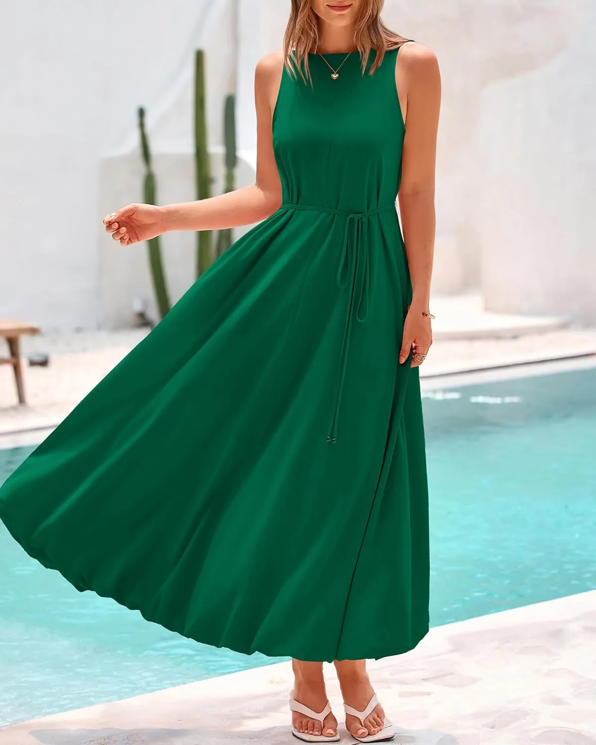 BTFBM 2025 Women Summer Vacation Dresses Sleeveless Crewneck Loose Beach Sundress Bubble Hem Tank Maxi Dress Pockets