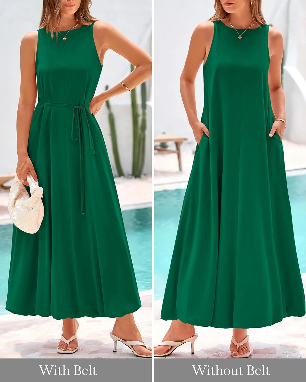 BTFBM 2025 Women Summer Vacation Dresses Sleeveless Crewneck Loose Beach Sundress Bubble Hem Tank Maxi Dress Pockets