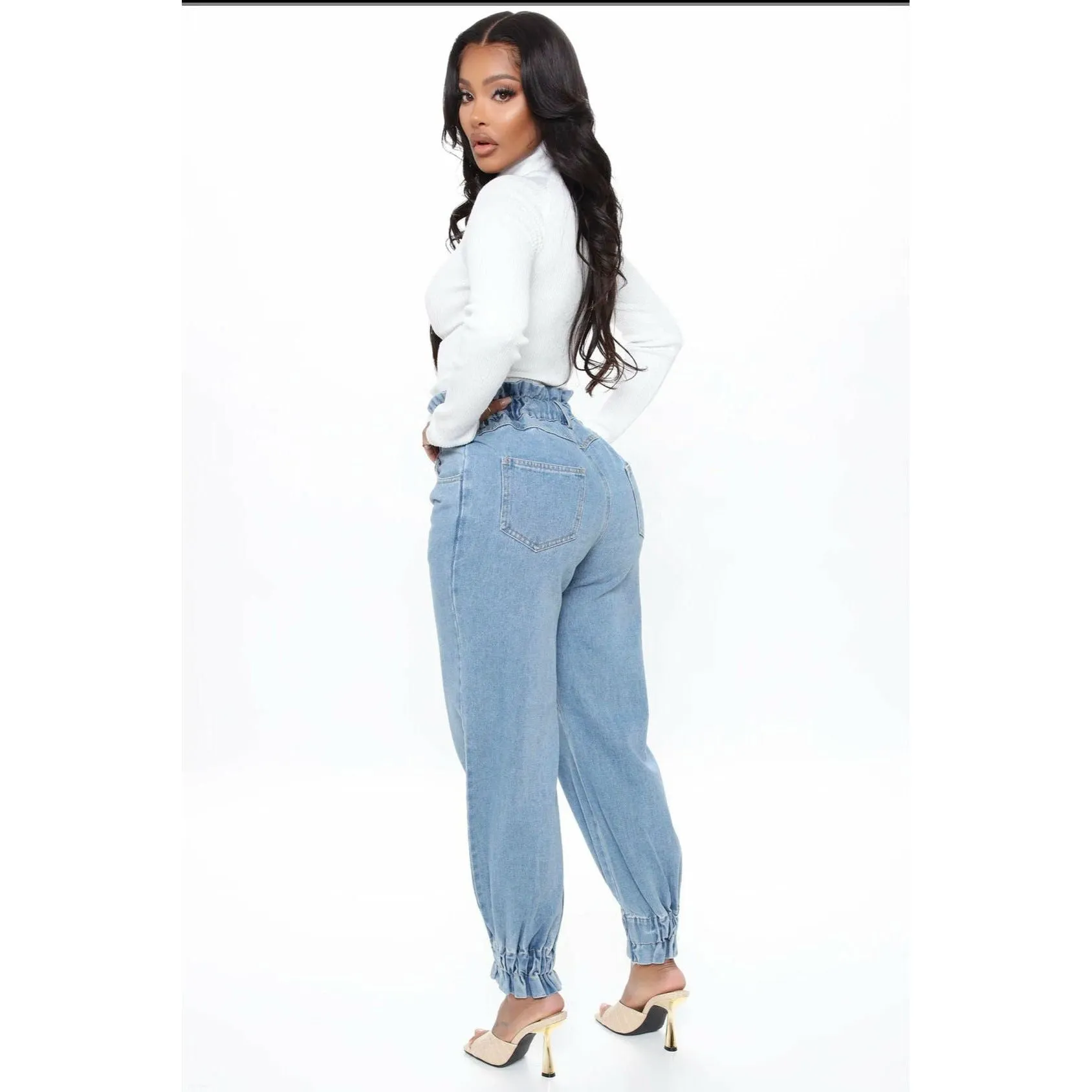 Button Detailed High Waisted Jogger Denim