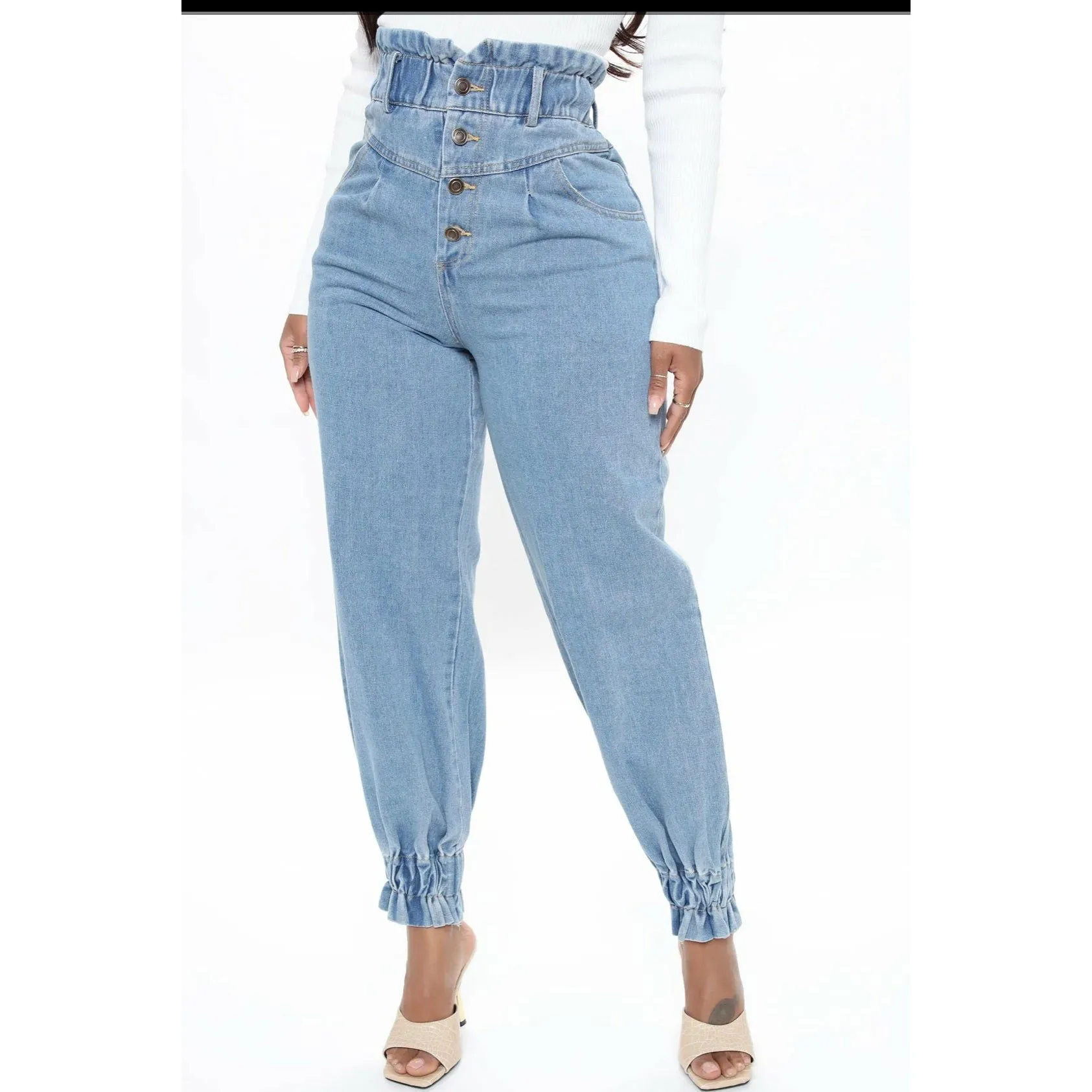 Button Detailed High Waisted Jogger Denim