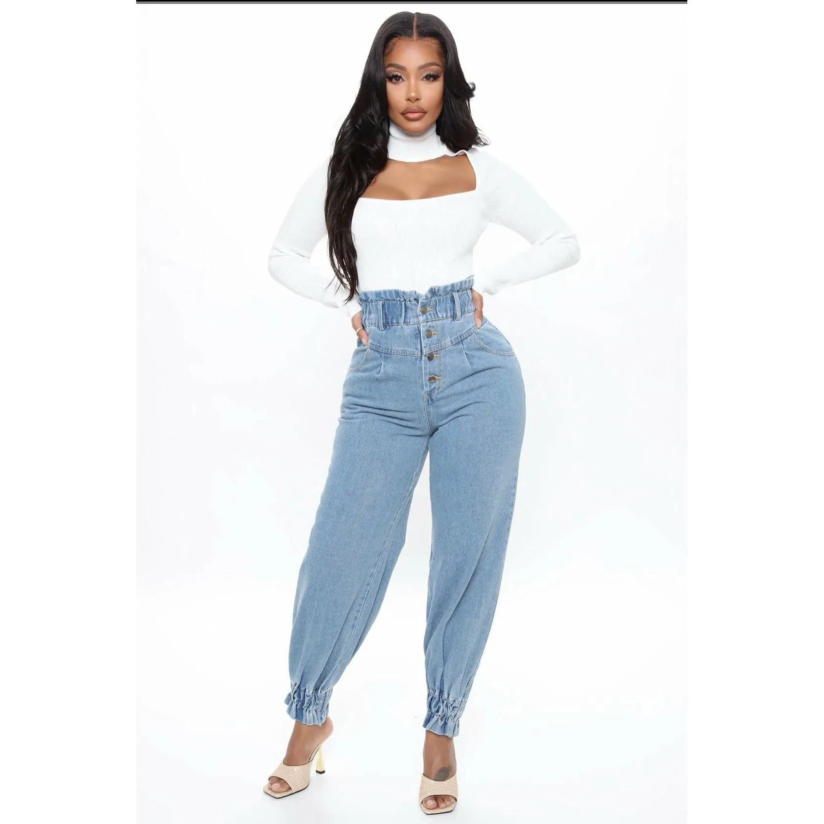 Button Detailed High Waisted Jogger Denim