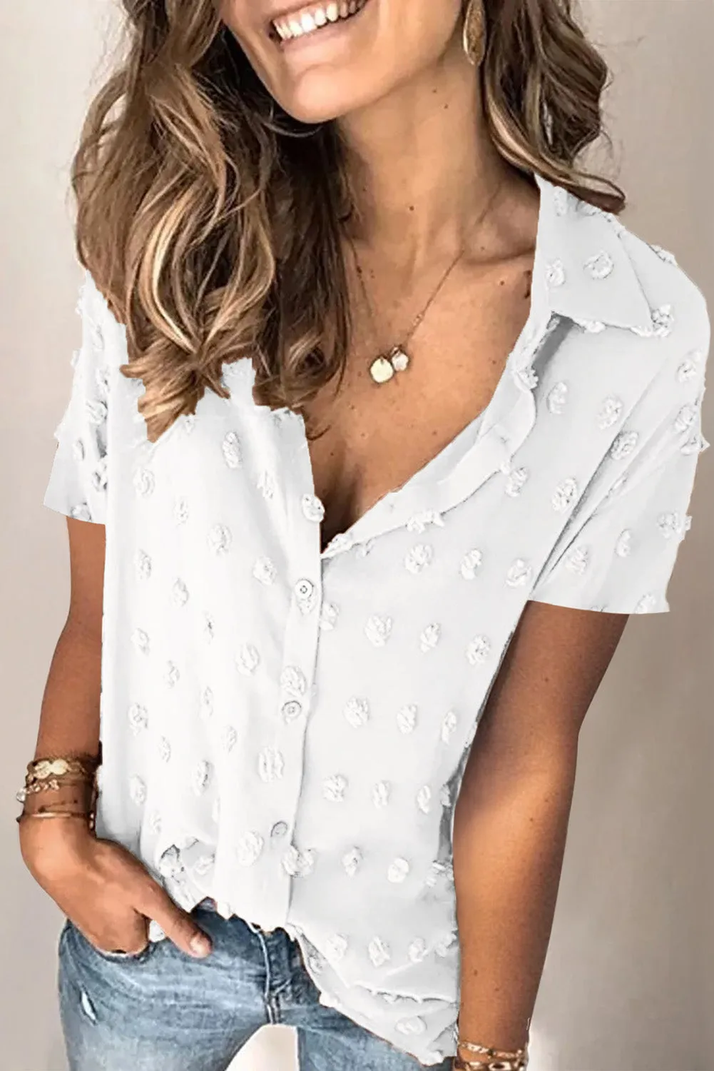 Button Down Short Sleeve Sheer Swiss Dot Shirt