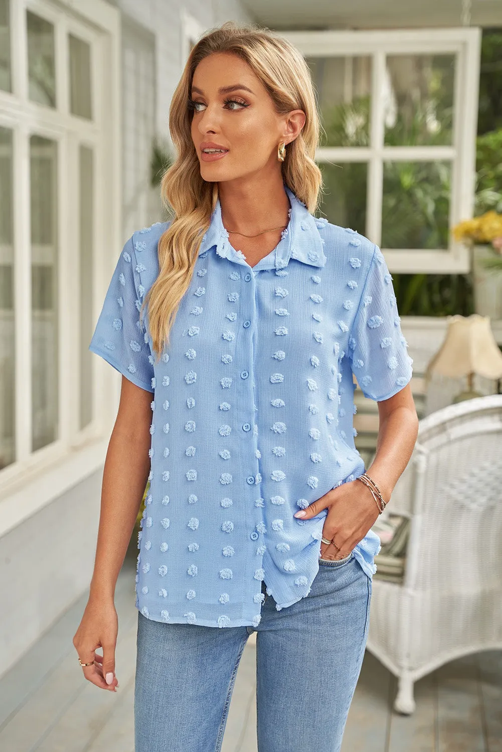 Button Down Short Sleeve Sheer Swiss Dot Shirt