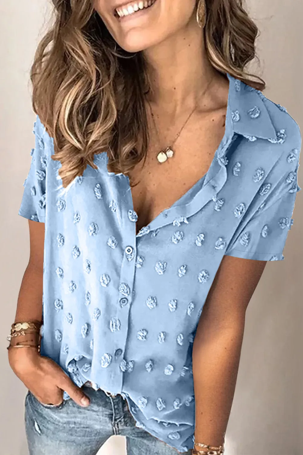 Button Down Short Sleeve Sheer Swiss Dot Shirt